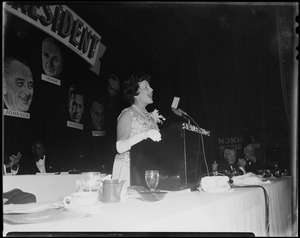 Mrs. [Joseph] P. Kennedy speaks at Mass. Citizens for Kennedy and Jackson Destination D.C. Dinner which was held this evening at Hotel Statler, in background is Toastmaster Congressman John W. McCormack