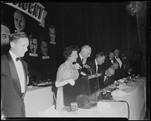 Mrs. Joseph P. Kennedy speaks at Mass. Citizens for Kennedy and Jackson Destination D.C. Dinner, with John W. McCormack and Henry Jackson in the background