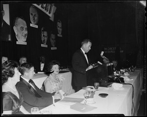 Sen. Henry M. Jackson addressing the room during the Mass. Citizens for Kennedy and Jackson Destination D.C. Dinner, with Mrs. Joseph P. Kennedy sitting beside him
