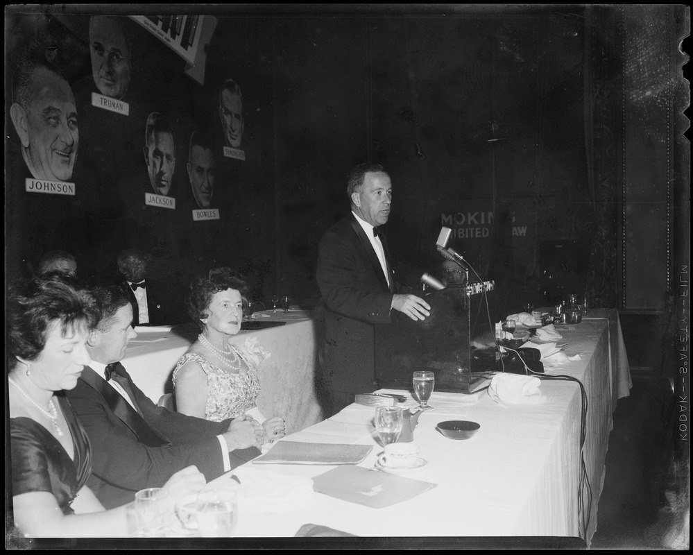 Sen. Henry M. Jackson addressing the room during the Mass. Citizens for Kennedy and Jackson Destination D.C. Dinner, with Mrs. Joseph P. Kennedy sitting beside him