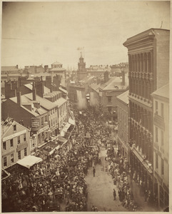 The Franklin statue celebration showing parade on Court Street