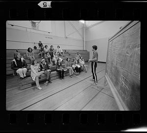 "Chalk talk" for women's basketball class, Suffolk University, Boston