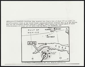 Hurricane Alma barreled into Cuba’s Isle of Pines 6/8 and aimed its 100-mile-an-hour winds at the United States mainland. Hurricane warnings went up in the Florida Keys and the southwest Florida coast.At 6 A.M.EDT, Alma’s center was located about 80 miles south-southwest of Havana and 200 miles from Key West.