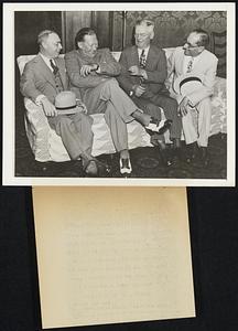 Baseball Heads Get Together. Officials of three National League Baseball clubs are shown as they met June 10, on the eve of the All-Star game, at a Manhattan (New Yorker) hotel. Shown (L. to R.) are William Benswanger, president of the Pittsburgh Pirates; Larry MacPhail, president of the Dodgers; Bob Quinn, president of the Boston Bees; and Leo Goulston, vise-president of the Bees.