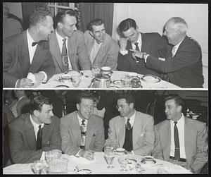 Plenty of Chuckles and Smiles were in evidence yesterday during the Braves’ luncheon in connection with the showing of the 1952 World Series Film, especially among major leaguers living in this area. Top-Joe Dobson, Jim Hegan, Johnny Pesky, Eddie Pellagrini, and former Yankee Joe Dugan. Bottom-Walt Dropo, Mickey Harris, Dom DiMaggio and Sam Mele.