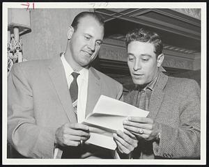 Letters from Kansas City Fans are read by slugging outfielder Gus Zernial and reserve outfielder Jim Pisoni before leaving Hotel Kenmore for last night’s game with Red Sox.