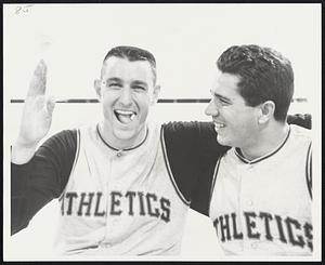 A Potent Battery were these Athletics in victory over the Red Sox at Fenway Park. Pitcher Jerry Walker, left, smacked third homer of season, had a single, scores three rune. Catcher Jose Azcue belted his first homer.