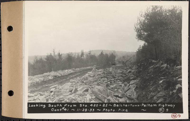 Contract No. 41, Extension of Belchertown-Pelham Highway, Belchertown, Pelham, looking south from Sta. 420+25, Belchertown and Pelham, Mass., Nov. 28, 1933