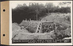 Contract No. 54, Highway in Towns of Dana, Petersham, Worcester County, forms for culvert at Sta. 79+05, Dana and Petersham, Mass., Jul. 6, 1936