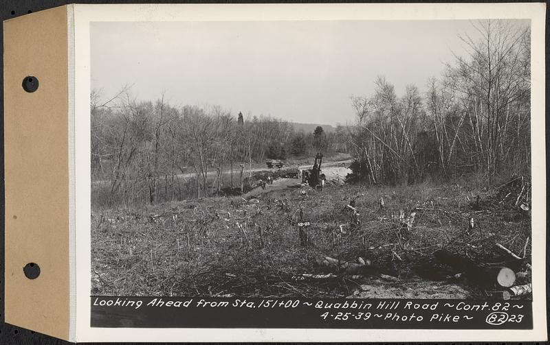 Contract No. 82, Constructing Quabbin Hill Road, Ware, looking ahead from Sta. 151+00, Ware, Mass., Apr. 25, 1939