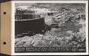 Contract No. 66, Regulating Dams, Middle Branch (New Salem), and East Branch of the Swift River, Hardwick and Petersham (formerly Dana), looking westerly at dam from Sta. 25+80, east branch regulating dam, Hardwick, Mass., Jul. 10, 1939