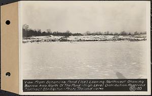 Contract No. 80, High Level Distribution Reservoir, Weston, view from Schenck's Pond (ice), looking northwest showing borrow area north of the pond, high level distribution reservoir, Weston, Mass., Jan. 5, 1940