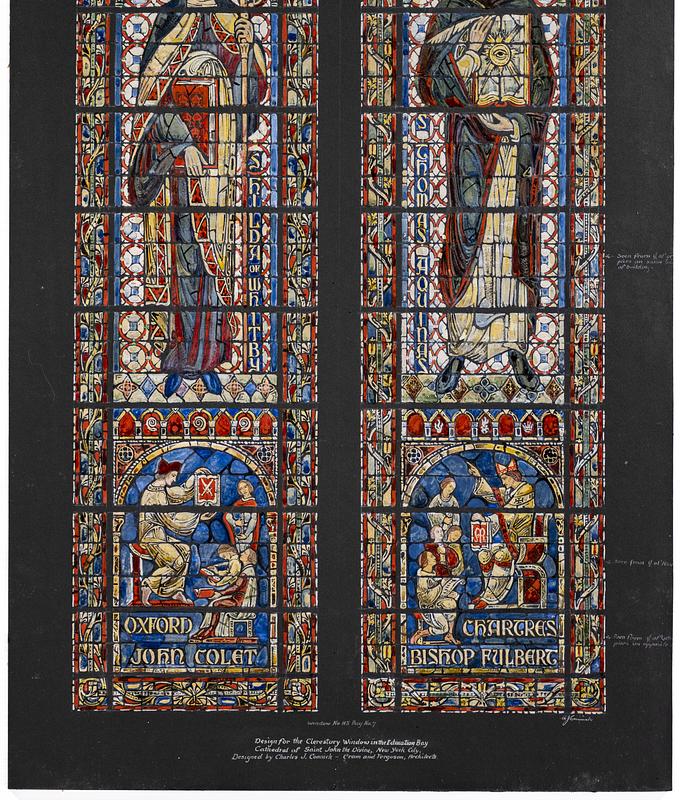 Design for the clerestory window in the Education Bay, Cathedral of Saint John the Divine, New York City. Cram and Ferguson, Architects. Window no. 113 bay no. 7