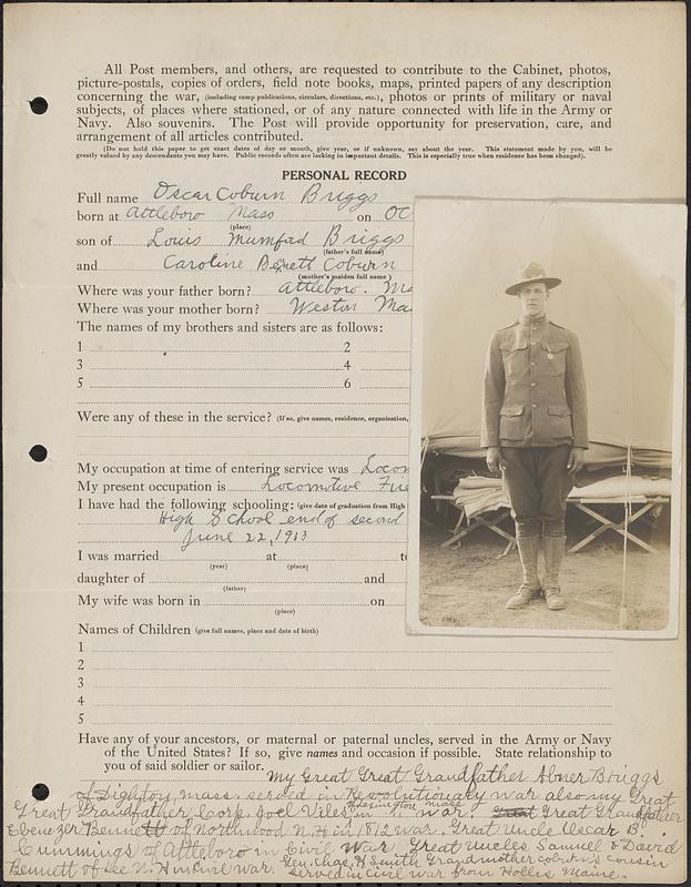 American Legion military record of Oscar Coburn Briggs