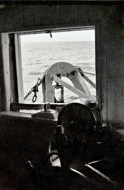 Looking out the wheel house of the Lady of Good Voyage underway