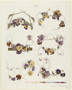 Six groups of pansies in decorative arrangement