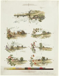 Seven floral and landscape designs on one sheet