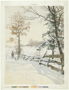 Hunter and dog in snow