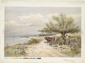 Path by water with ox cart and two figures