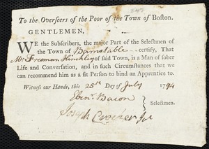 James Henl[e]y indentured to apprentice with Freeman Hinckley [Hinkley] of Barnstable, 25 July 1794
