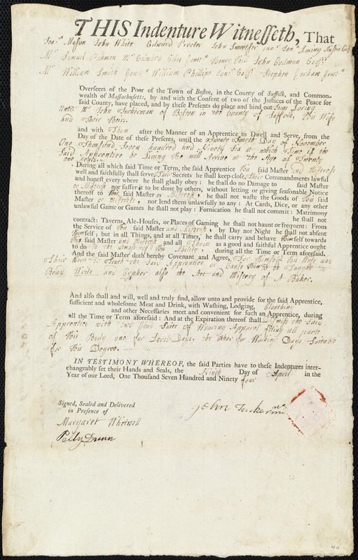 Isaac Loring indentured to apprentice with John Tuckerman of Boston, 9 April 1794