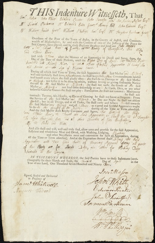 Polly Moelenar indentured to apprentice with Elijah Kent of Granby, 30 April 1794