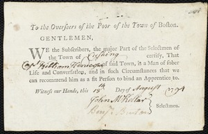 Elizabeth Larence indentured to apprentice with William Henderson of Cushing, 3 September 1794
