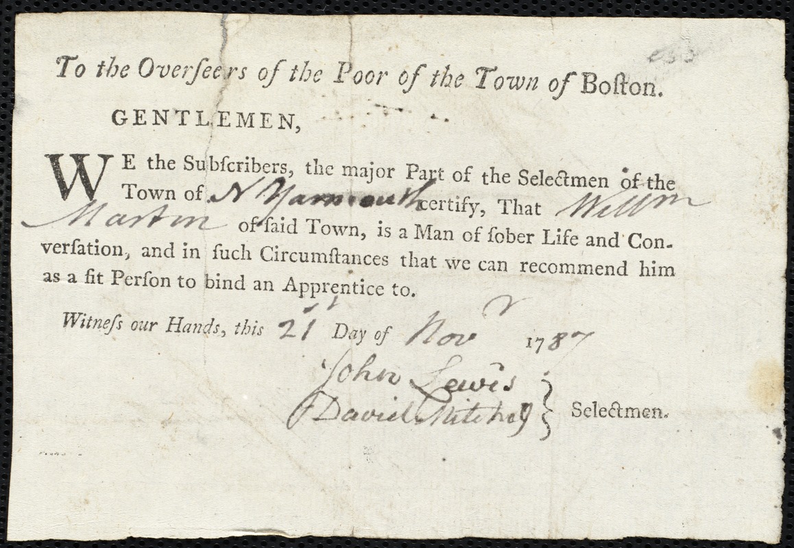 William Donner indentured to apprentice with William Martin of North Yarmouth, 24 June 1794