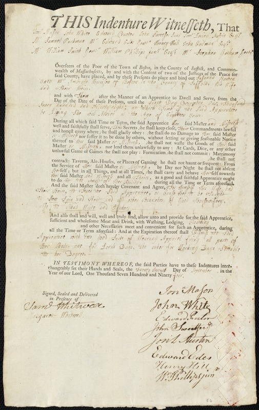 Susanna Rowen indentured to apprentice with Ambrose Harrison of Boston, 27 September 1794