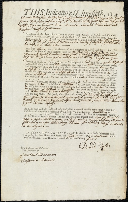 Charlotte Gordon indentured to apprentice with David Tyler of Boston, 1 September 1795