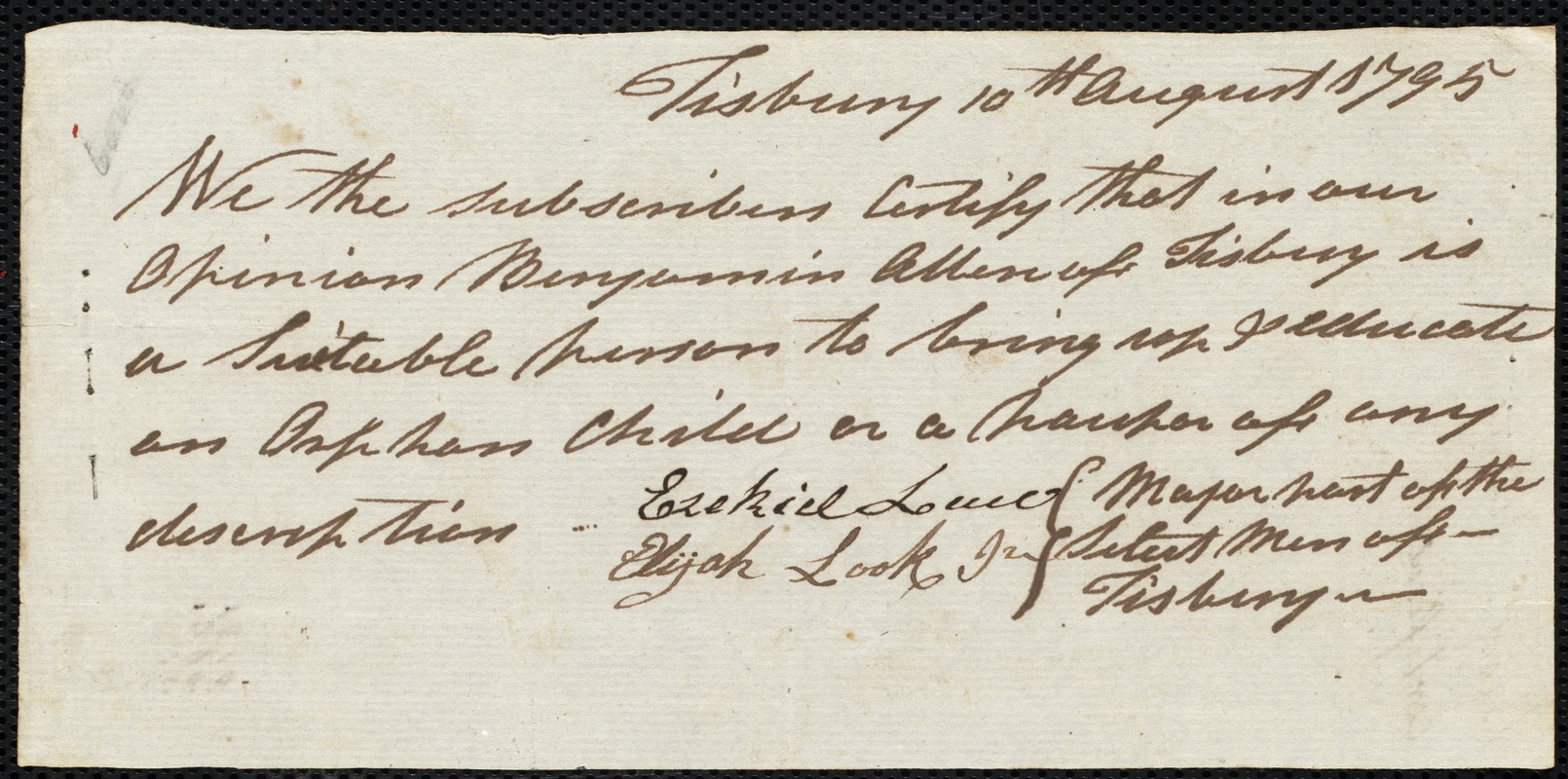 James Gordon indentured to apprentice with Benjamin Allen of Tisbury, 25 August 1795