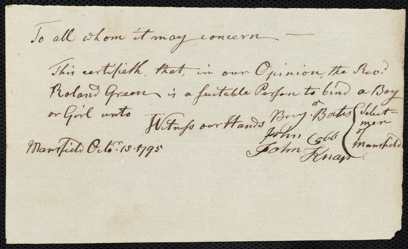 Charles Jolly indentured to apprentice with Roland Green of Mansfield, 25 November 1795
