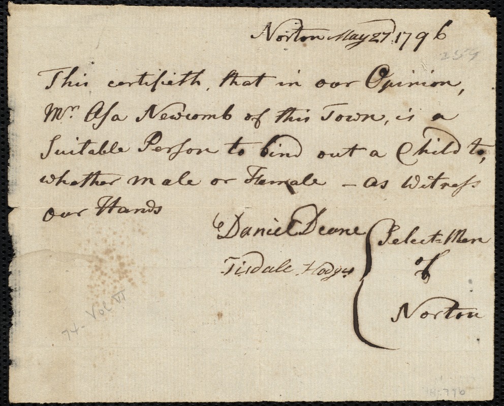 Charles Jolly indentured to apprentice with Asa Newcomb of Norton, 19 November 1796