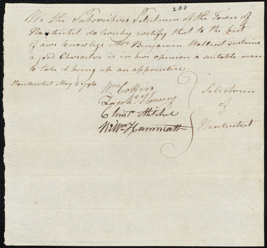 Thomas McKenzie indentured to apprentice with Benjamin Wallcut of Nantucket, 30 April 1796
