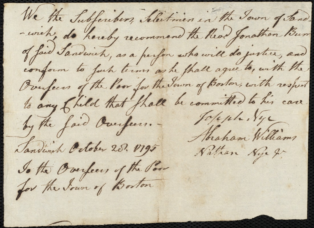 William Marstins indentured to apprentice with Jonathan Burr of Sandwich, 30 May 1796