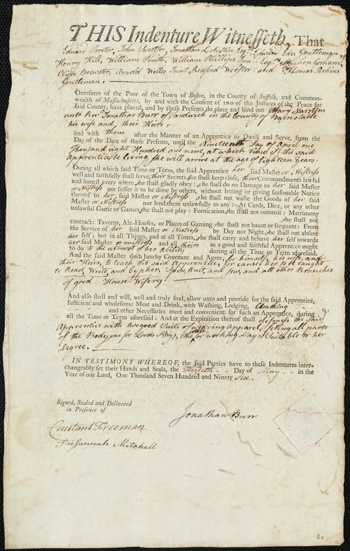 Mary Marstins indentured to apprentice with Jonathan Burr of Sandwich, 30 May 1796