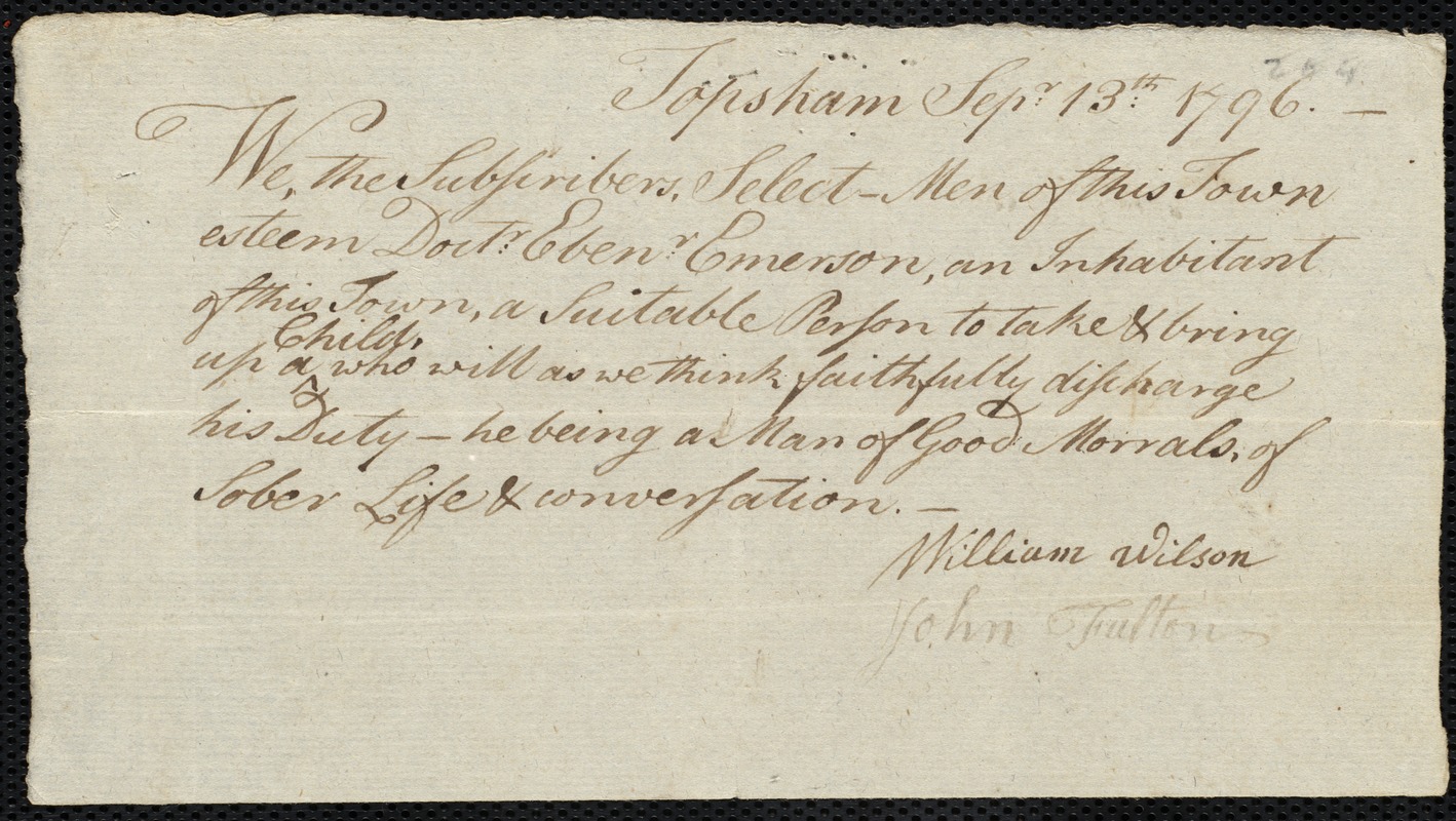 Document of indenture: Servant: Adams, Nathaniel. Master: Emerson, Ebenezer. Town of Master: Topsham. Selectmen of the town of Topsham autograph document signed to the [Overseers of the Poor of the town of Boston]: Endorsement Certificate for Ebenezer Emerson.