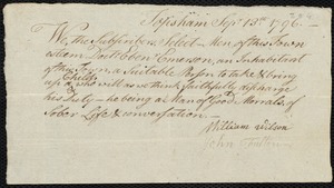 Document of indenture: Servant: Adams, Nathaniel. Master: Emerson, Ebenezer. Town of Master: Topsham. Selectmen of the town of Topsham autograph document signed to the [Overseers of the Poor of the town of Boston]: Endorsement Certificate for Ebenezer Emerson.