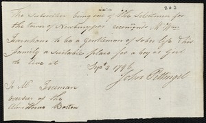 Rose Bager indentured to apprentice with William Farnham of Newburyport, 7 September 1796