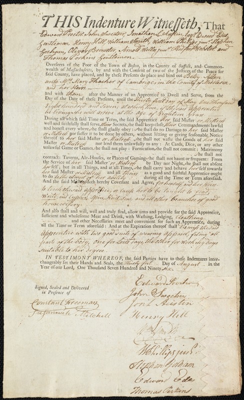 Betsy Allen indentured to apprentice with Mary Thacher of Cambridge, 31 August 1796