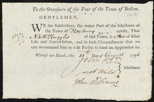 Dublin Bager indentured to apprentice with Nathaniel Ruggles of Roxbury, 12 August 1796