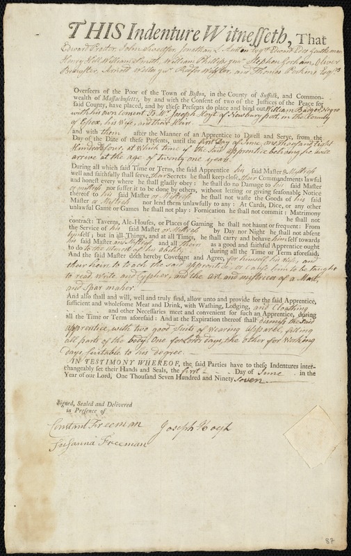 William Badger indentured to apprentice with Joseph Hoyt of Newburyport, 1 June 1797