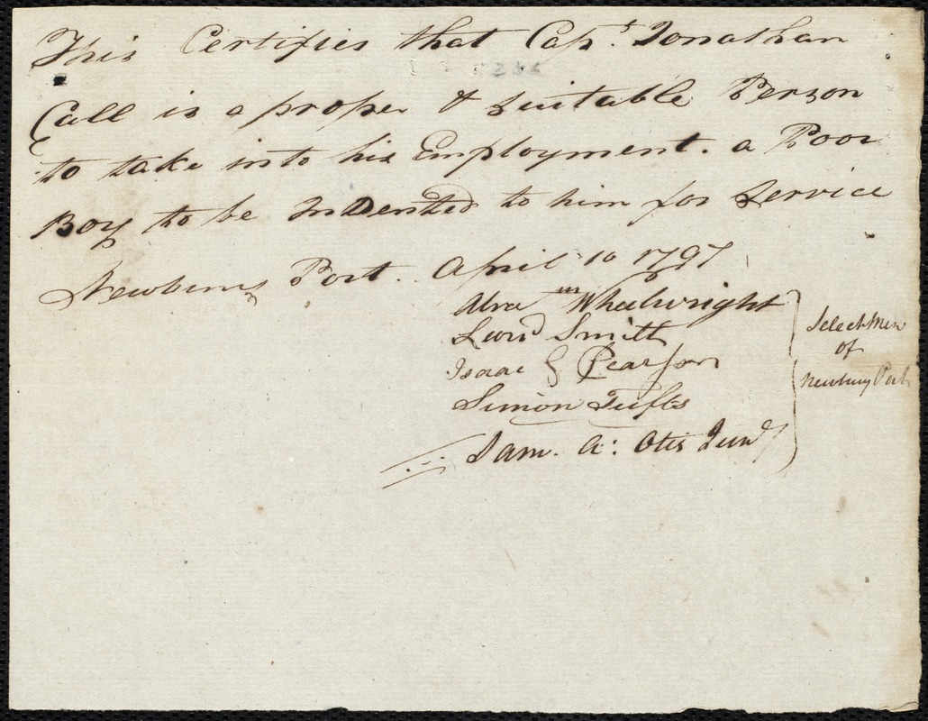 John Foalke indentured to apprentice with Jonathan Call of Newburyport, 15 April 1797