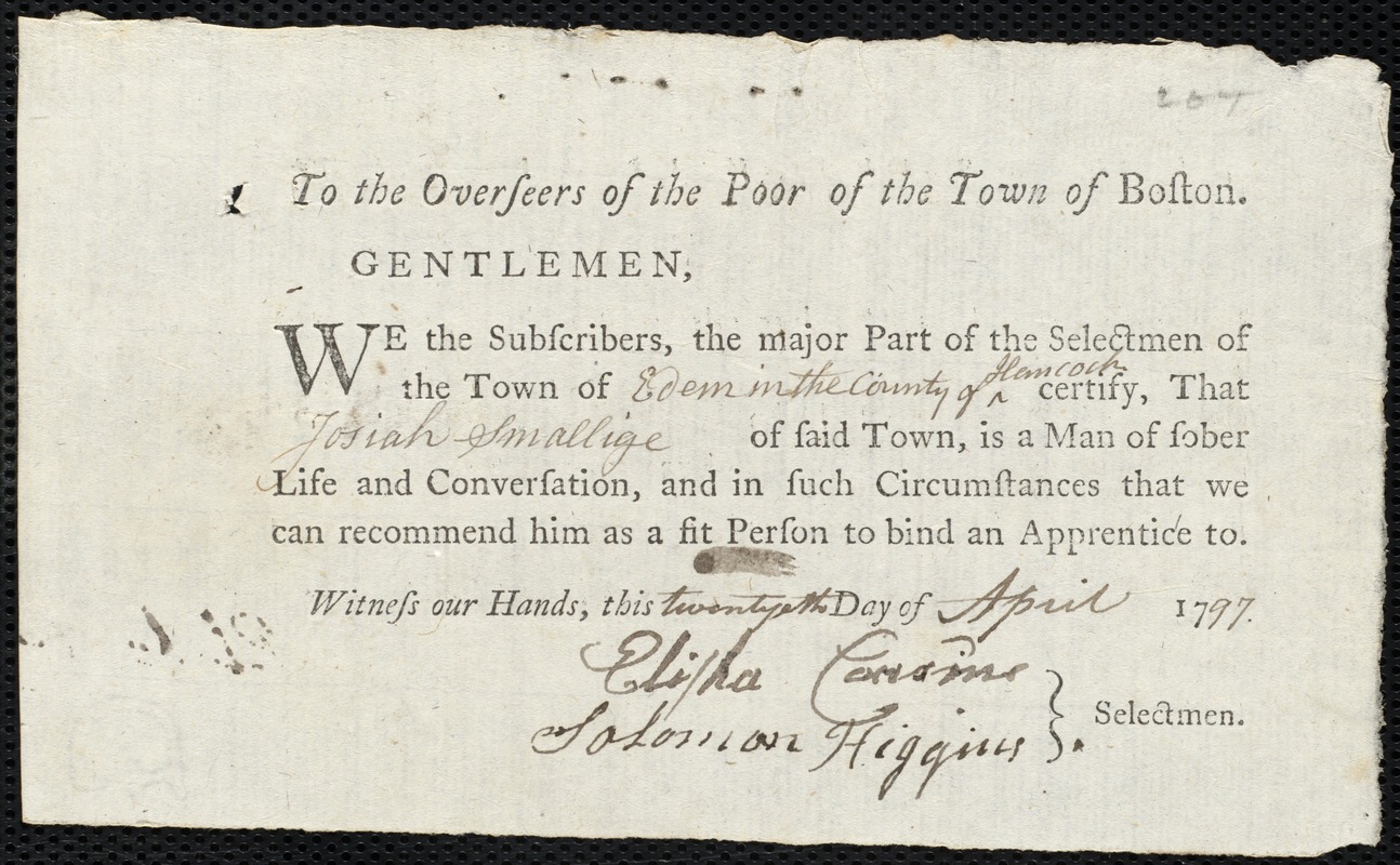 Henry Peterson Clark indentured to apprentice with Josiah Smallige of Eden, 18 April 1797