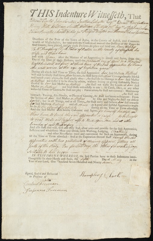 Mary Webber indentured to apprentice with Humphrey Clark of Boston, 5 May 1797