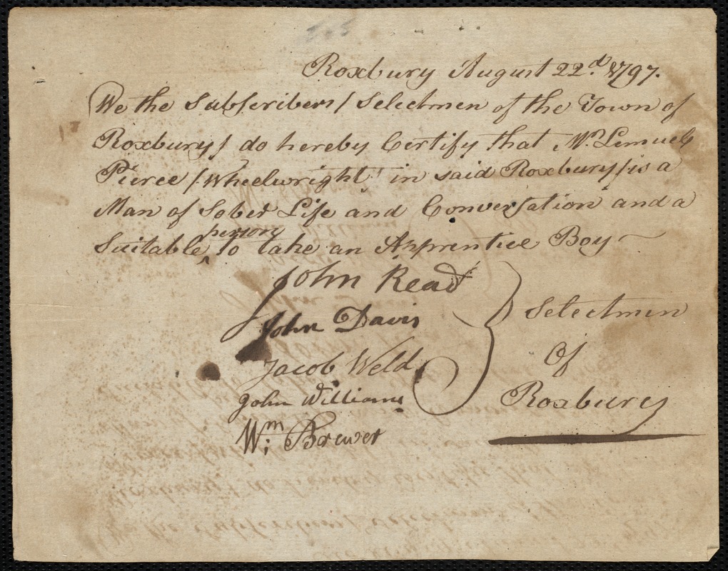 James Mathews indentured to apprentice with Lemuel Pierce of Roxbury, 5 September 1797