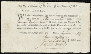 John Holden indentured to apprentice with James Daten, Jr. of Plymouth, 26 October 1797