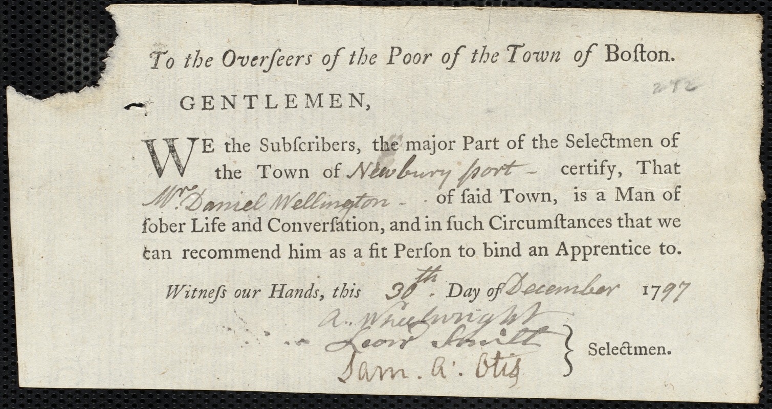 Richard Galley [Legalley] indentured to apprentice with Daniel Wellington of Newburyport, 30 December 1797