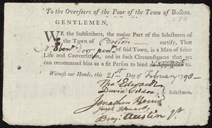 John Indian boy indentured to apprentice with Ebenezer Dorr of Boston, 25 March 1798