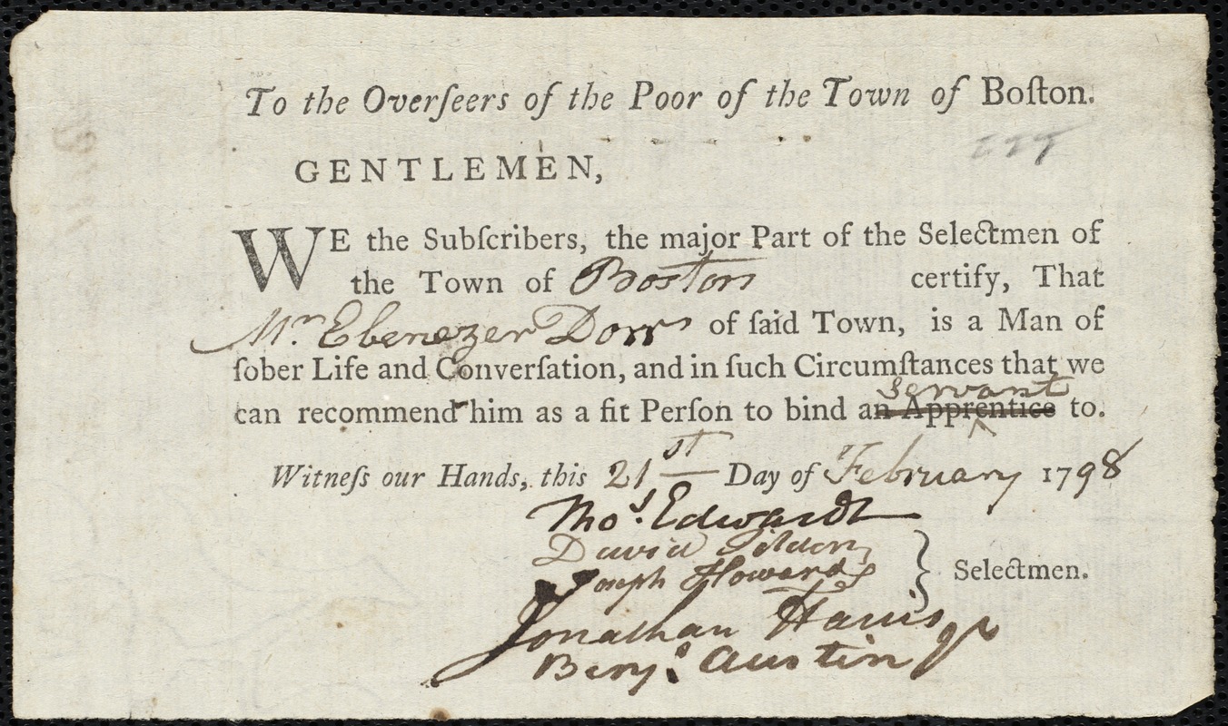 Bill Indian boy indentured to apprentice with Ebenezer Dorr of Boston, 25 March 1798